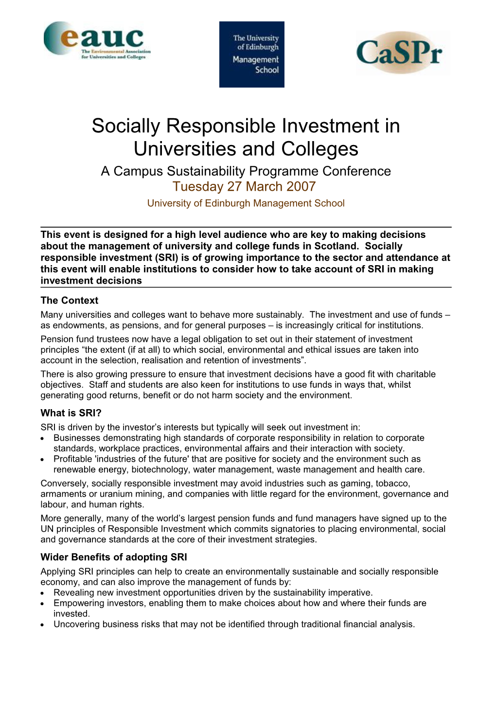 Socially Responsible Investment in Universities and Colleges