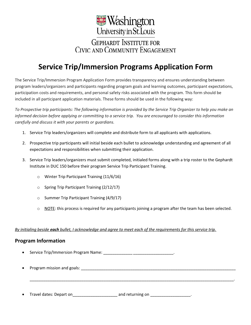 Service Trip/Immersion Programs Application Form