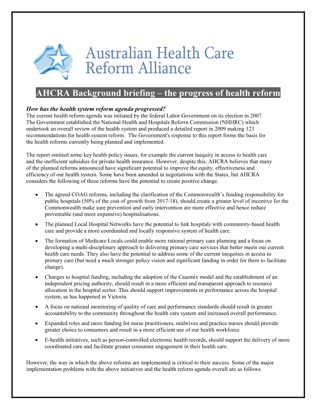 AHCRA Background Briefing the Progress of Health Reform