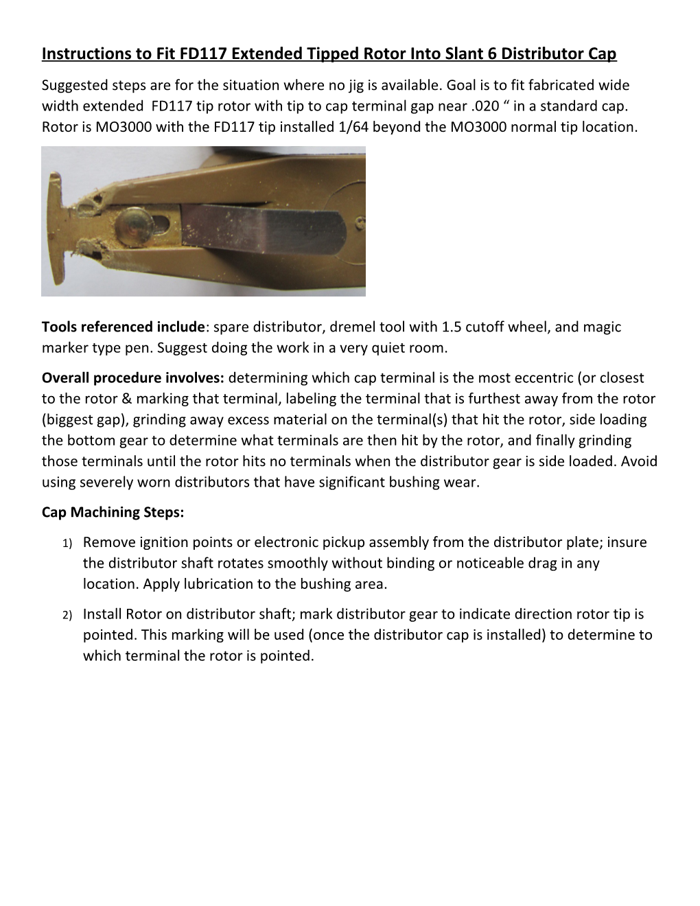Instructions to Fit FD117 Extended Tipped Rotor Into Slant 6 Distributor Cap