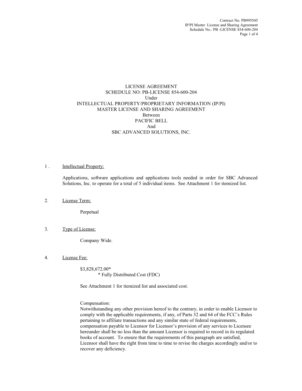 Form of Sharing Agreement Schedule