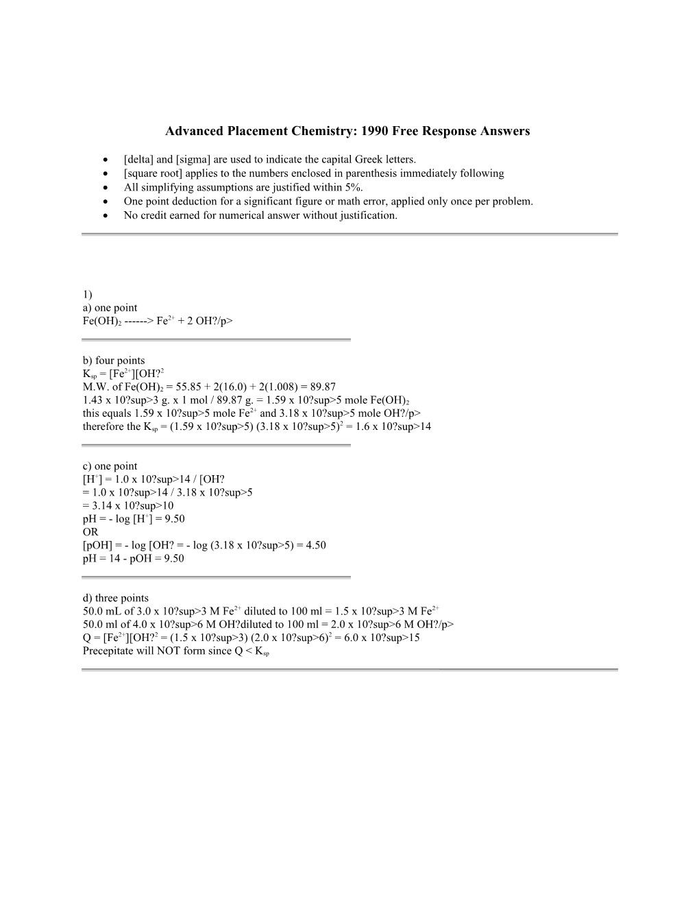 Advanced Placement Chemistry: 1990 Free Response Answers