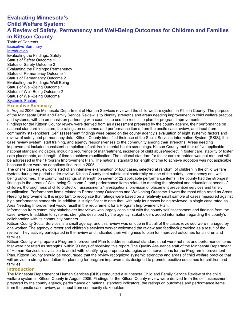 Evaluating Minnesota S Child Welfare System: a Review of Safety, Permanency and Well-Being