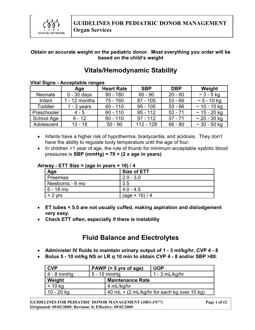 Pediatric Donor Management Guidelines