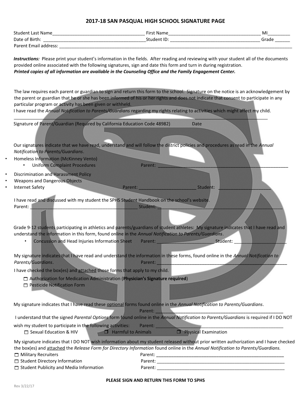 2017-18 San Pasqual High School Signature Page