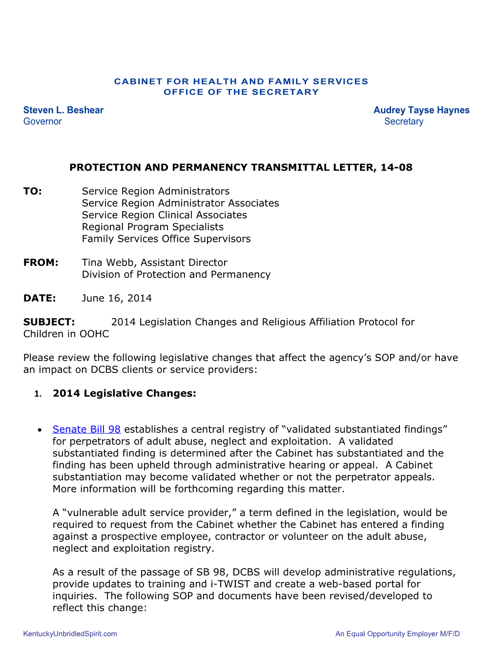 PPTL 14-08 2014 Legislative Changes and Religious Affiliation for Children in OOHC