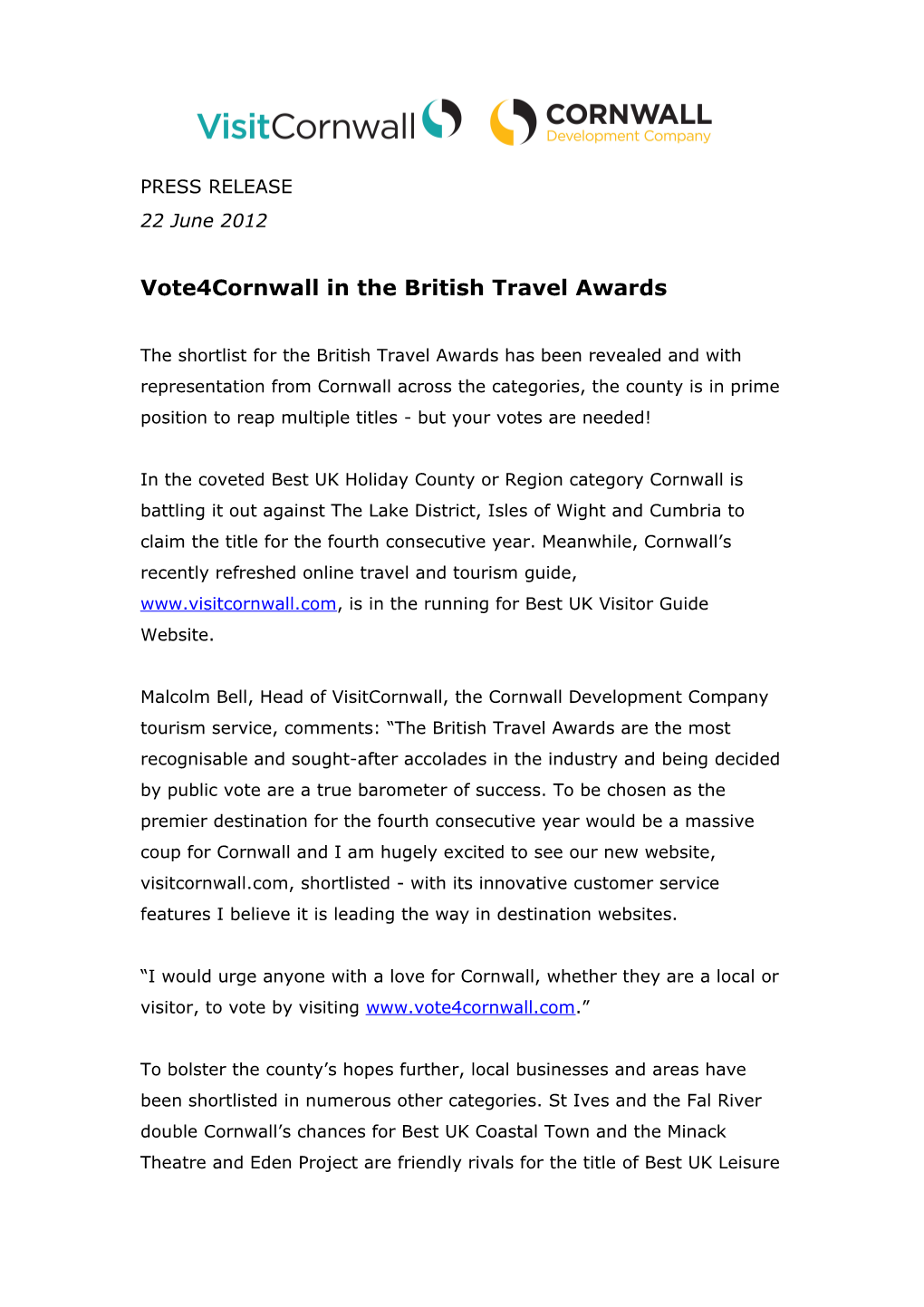 Vote4cornwall in the British Travel Awards