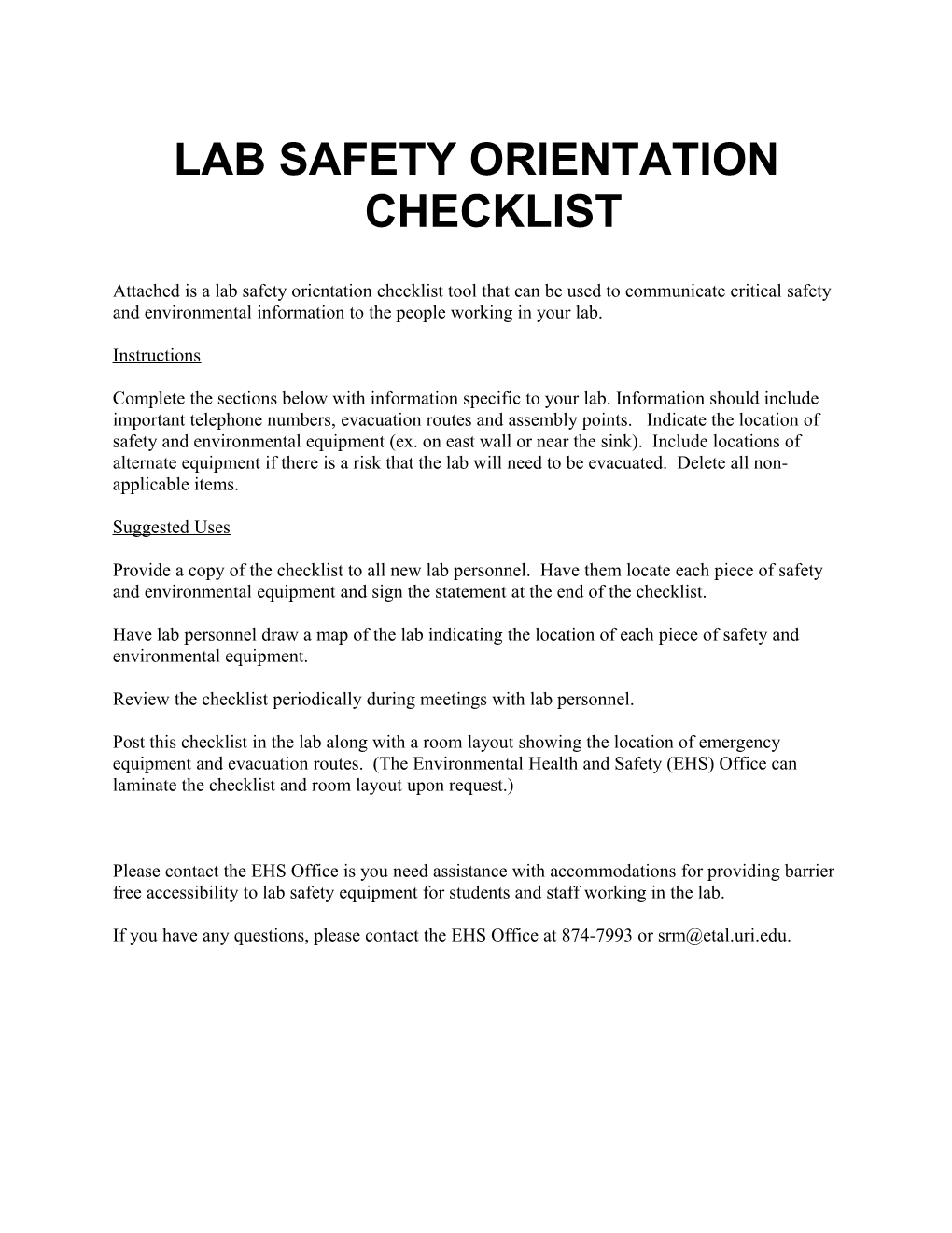Lab Safety Orientation Checklist