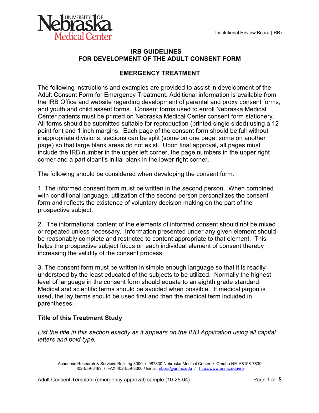 For Development of the Adult Consent Form