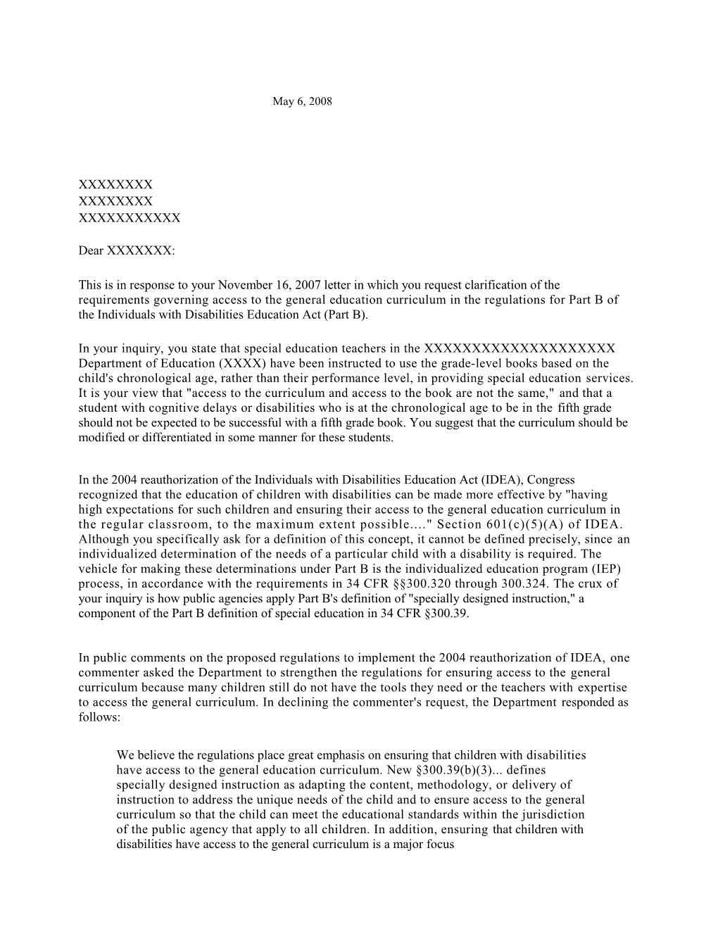 Redacted Letter Dated 05/06/08 Re: Special Education (MS Word)