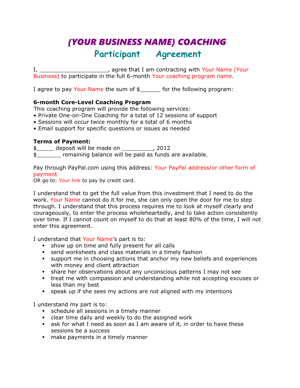 EMPOWERED SPIRIT COACHING Agreement