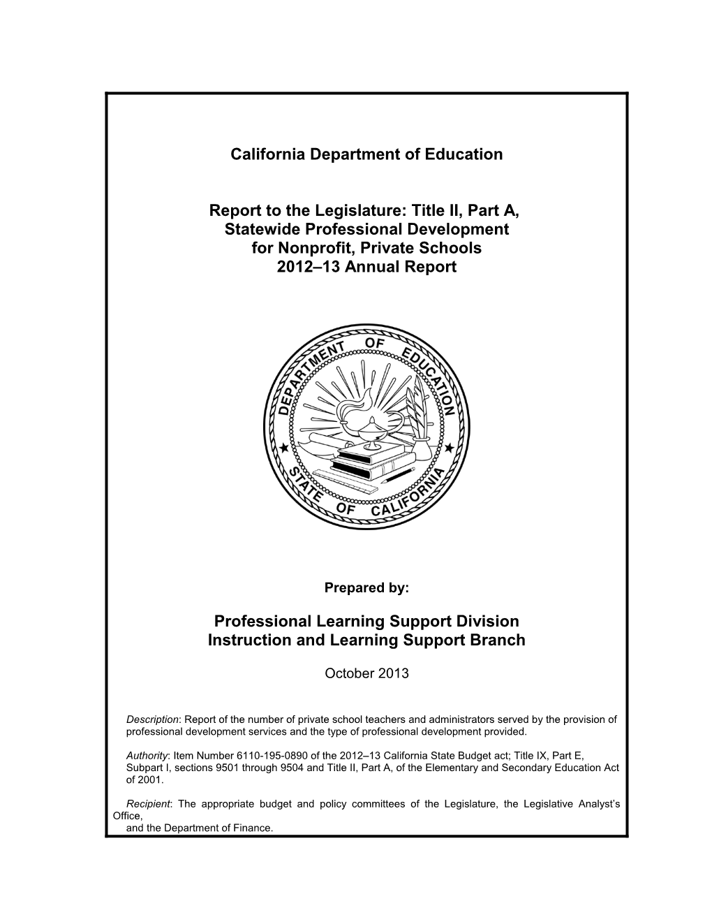 Report to the Legislature, Title II, Part a Statewide Professional Development for Nonprofit