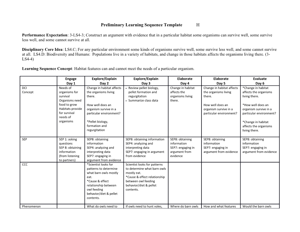 Preliminary Learning Sequence Template H