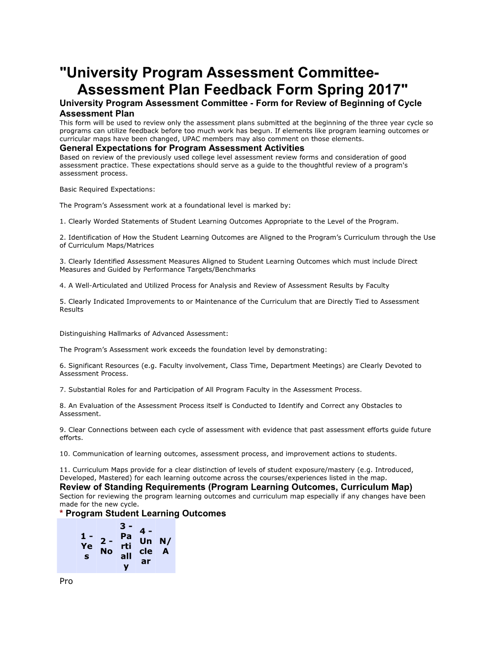 University Program Assessment Committee- Assessment Plan Feedback Form Spring 2017