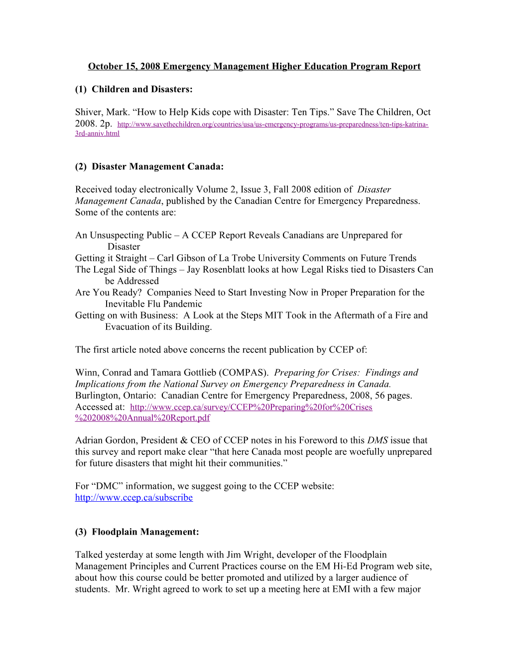 October 15, 2008 Emergency Management Higher Education Program Report