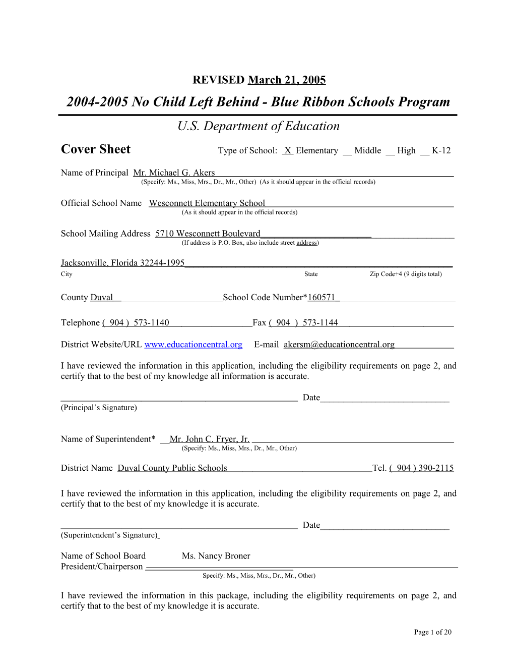 Wesconnett Elementary School Application: 2004-2005, No Child Left Behind - Blue Ribbon