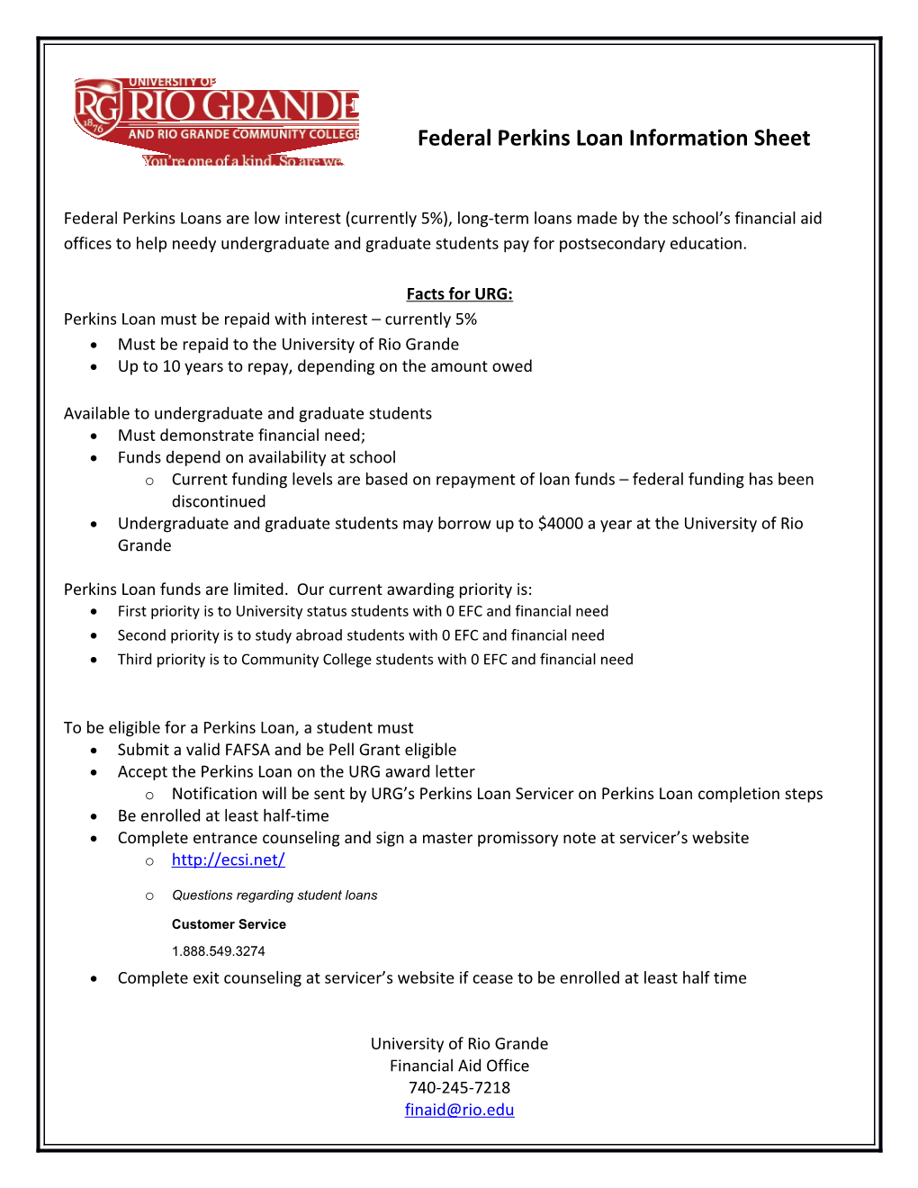 Federal Perkins Loan Information Sheet