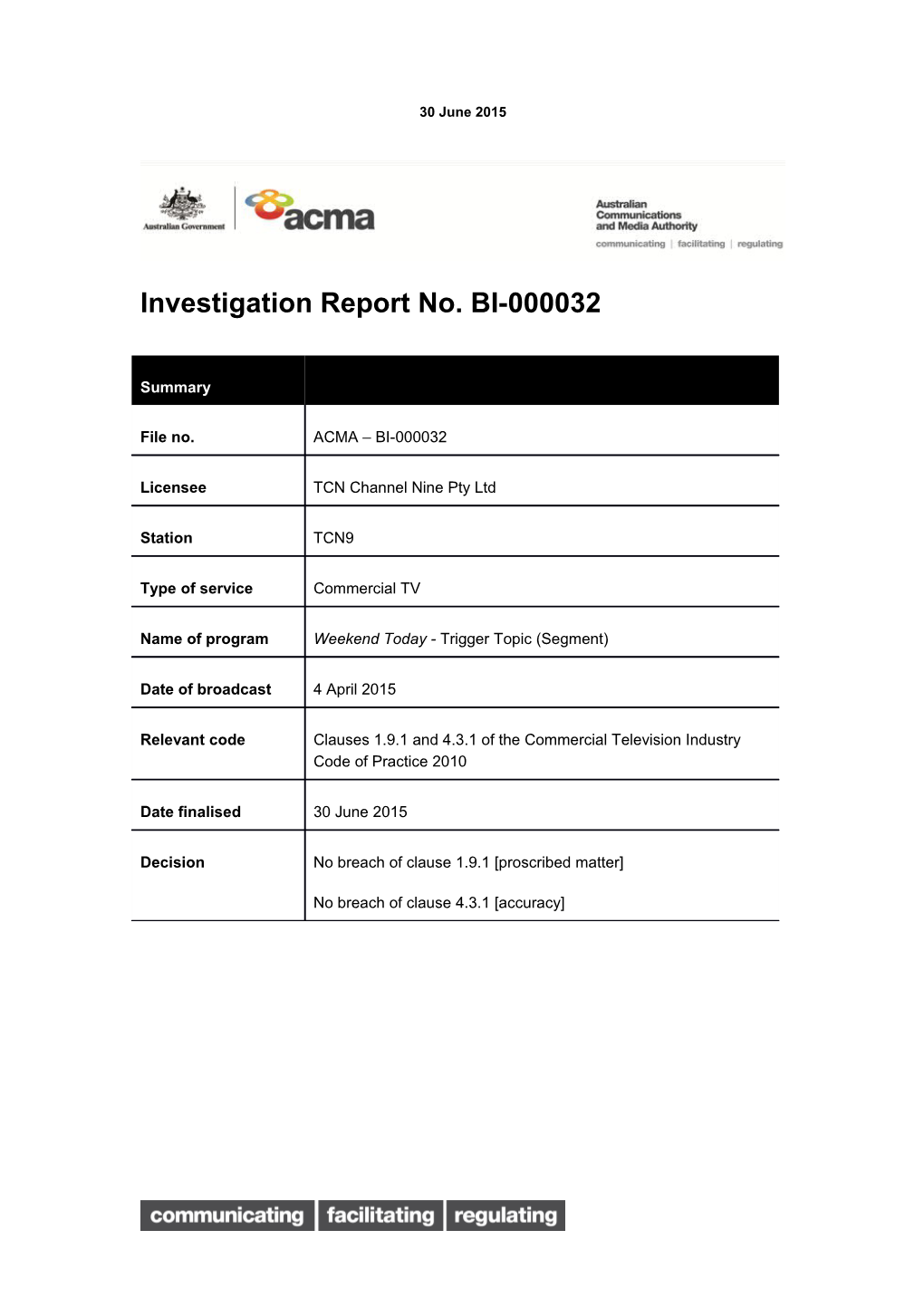 Investigation Report No. BI-000032