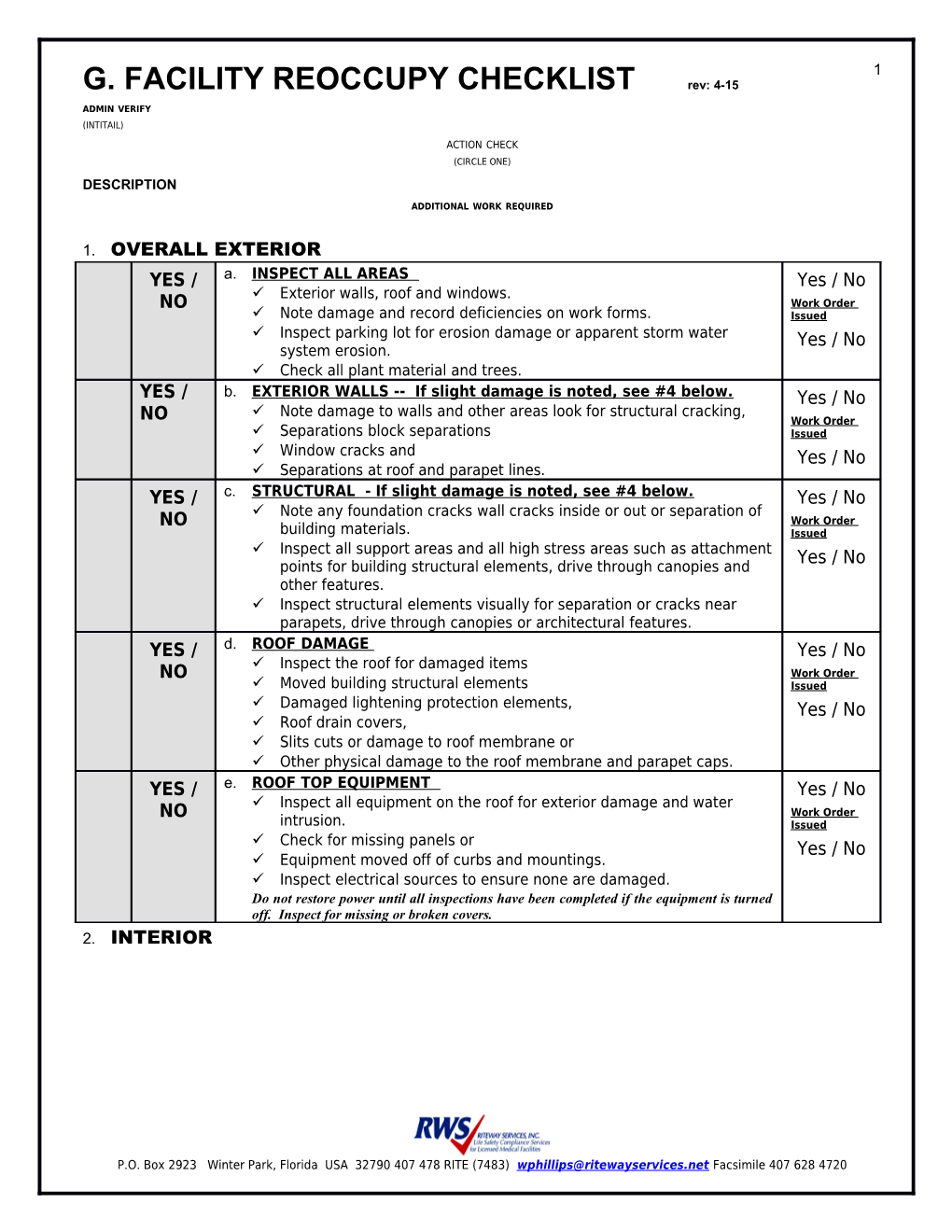 G. FACILITY REOCCUPY CHECKLIST Rev: 4-15