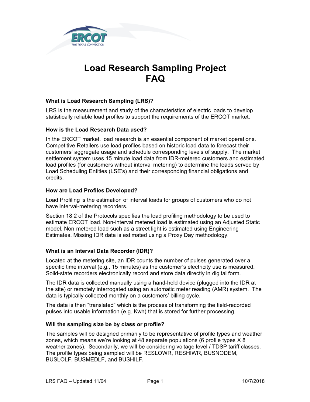 Load Research Sampling Project