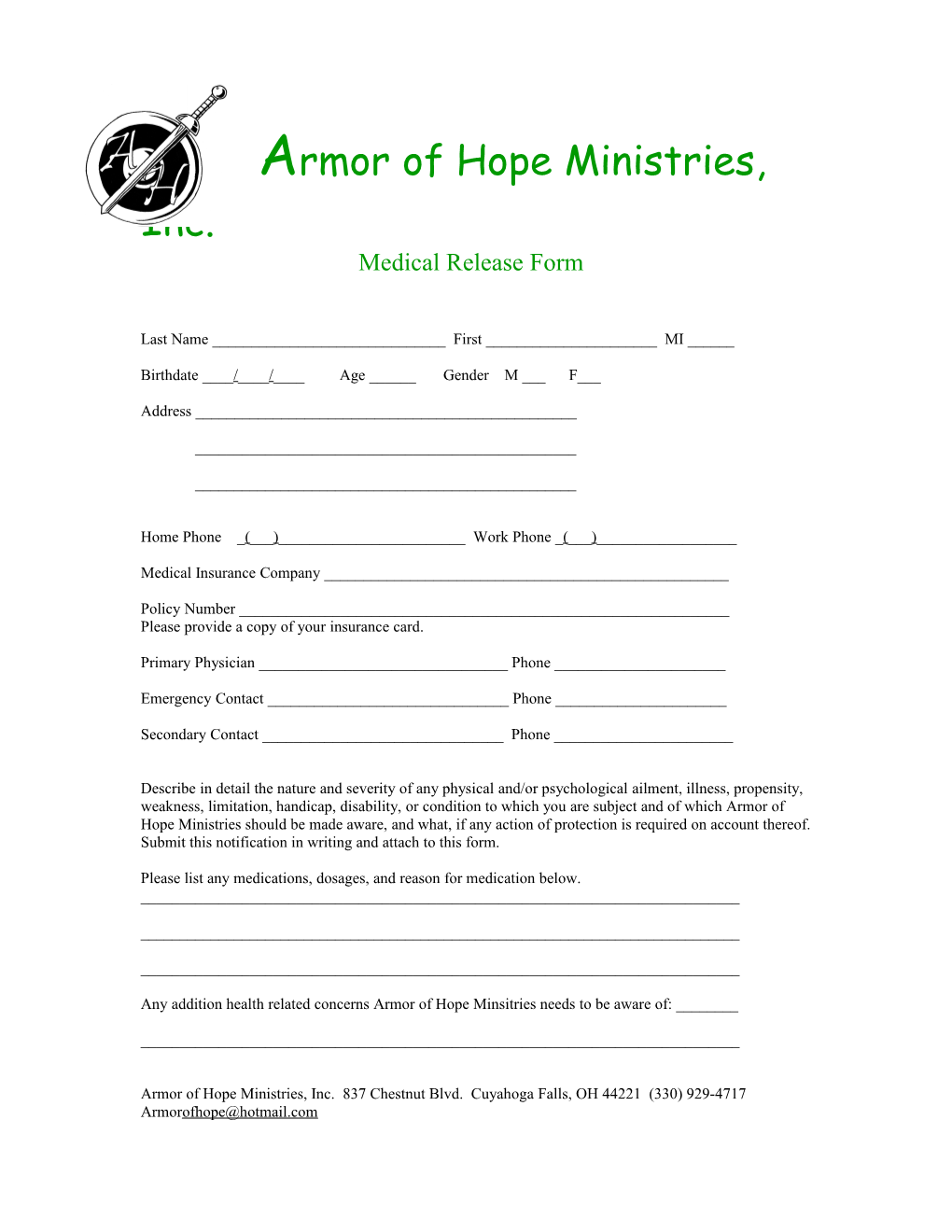 Armor of Hope Ministries, Inc