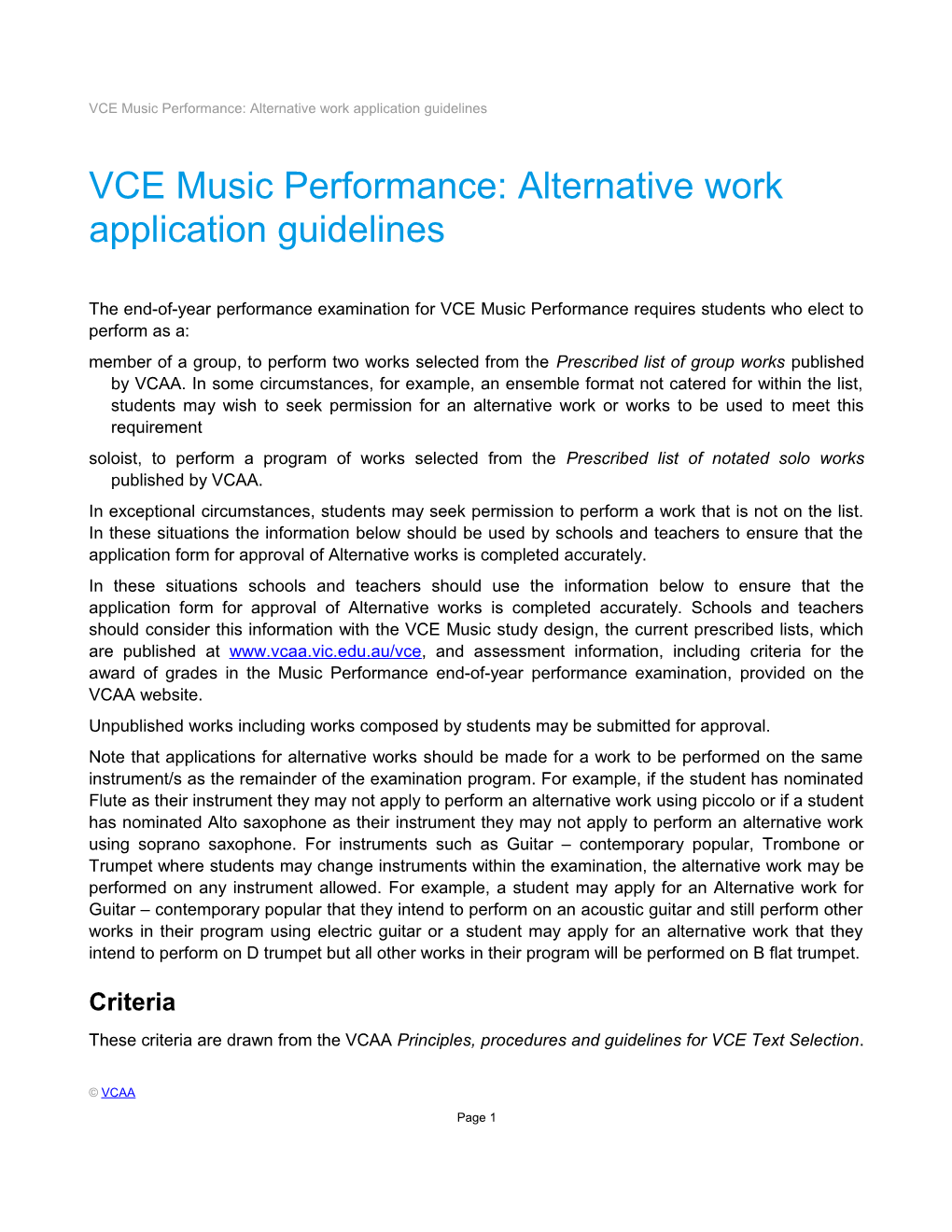 VCE Music Performance: Alternative Work Application Guidelines