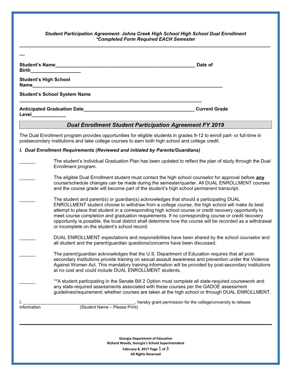 Student Participation Agreement- Johns Creek High School High School Dual Enrollment