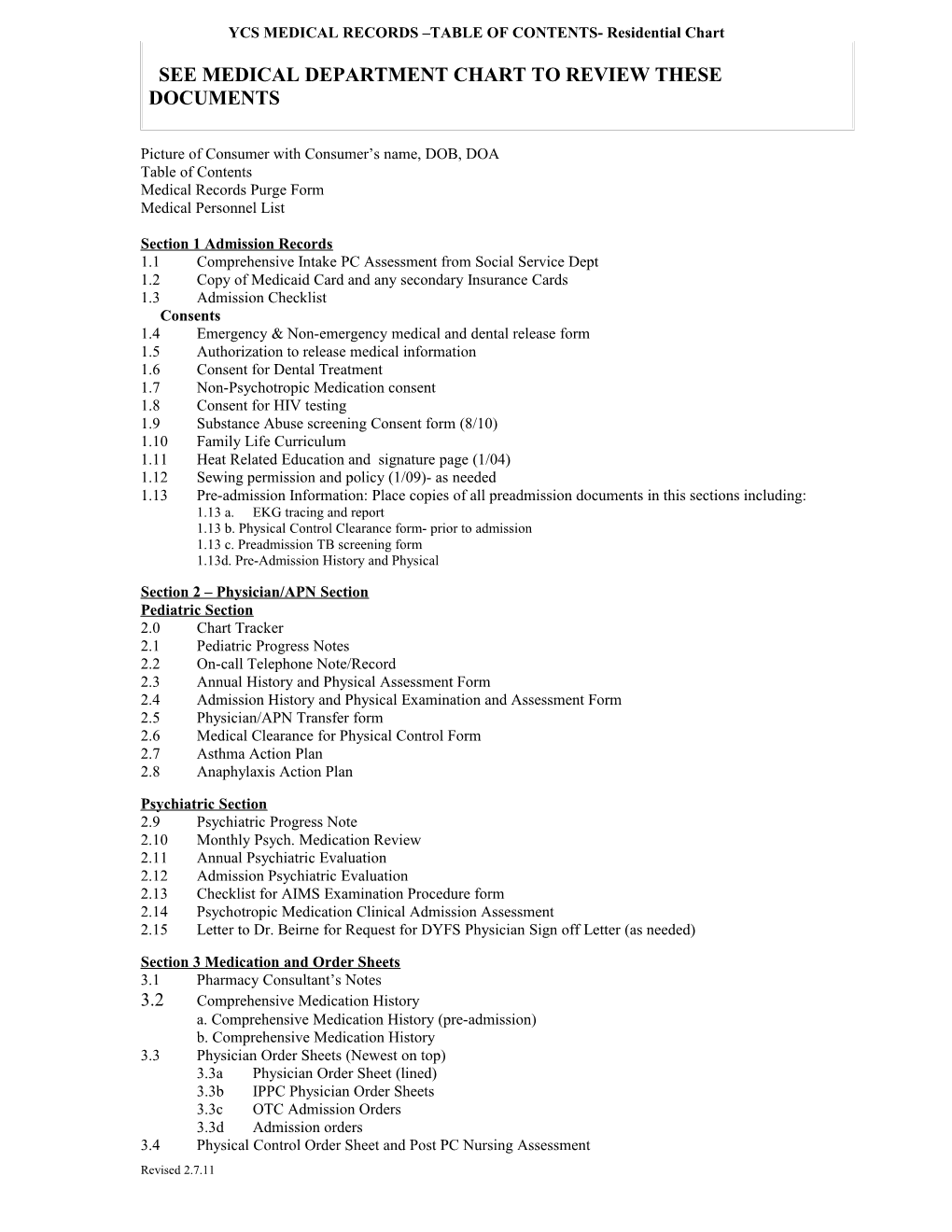 YCS MEDICAL RECORDS TABLE of CONTENTS- Residential Chart