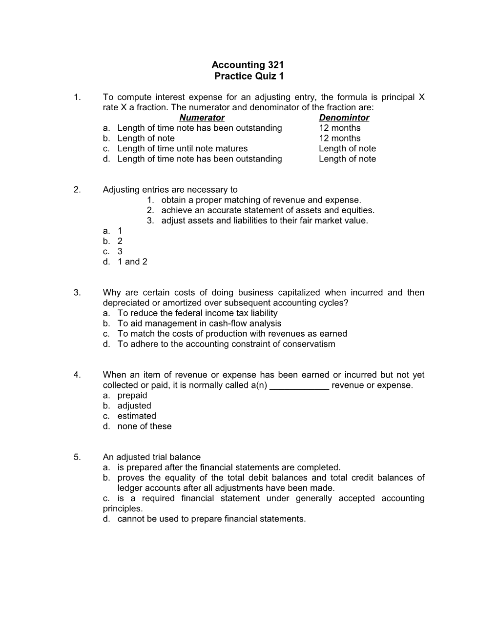 Accounting 321 Practice Quiz 1