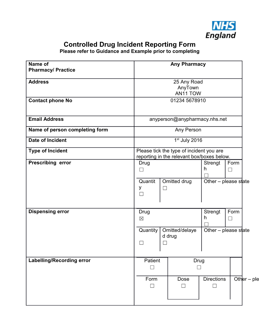 Controlled Drug Incident Reporting Form