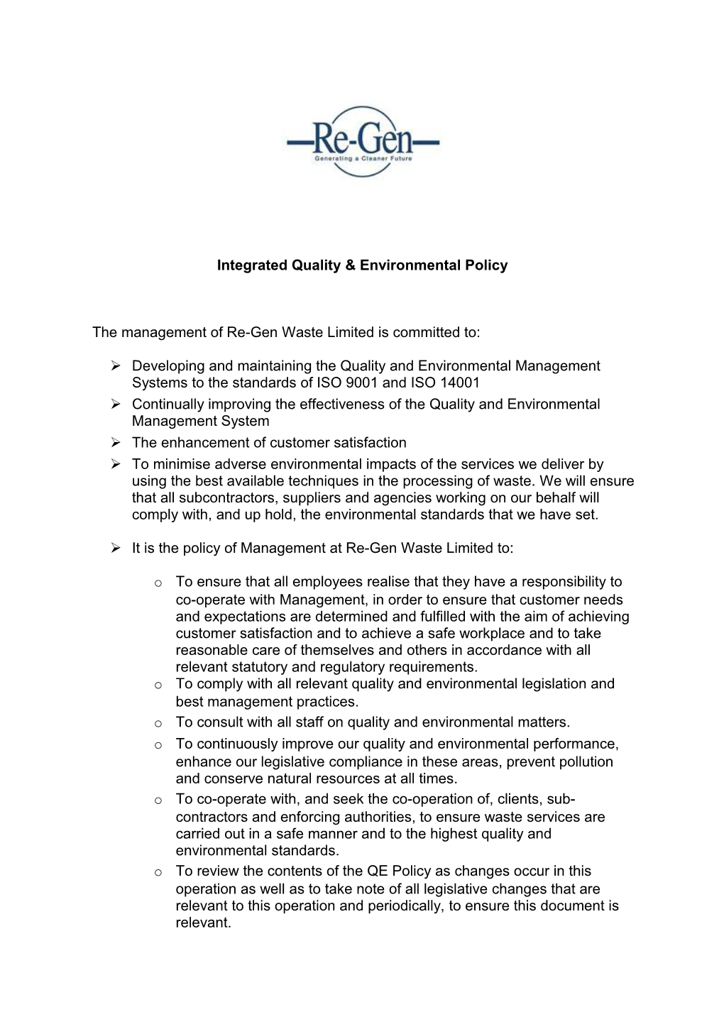 Integrated Quality & Environmental Policy