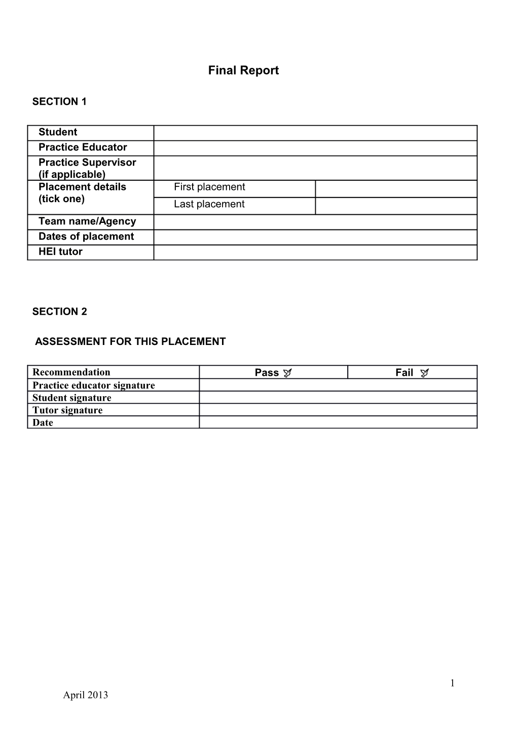 Assessment for This Placement