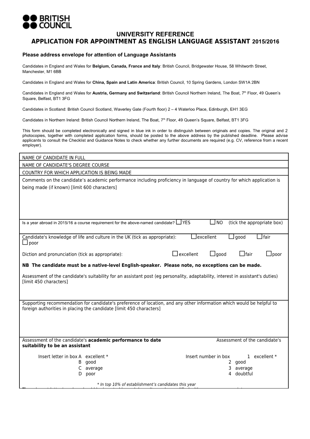 Application for Appointment As English Language Assistant 2000/2001