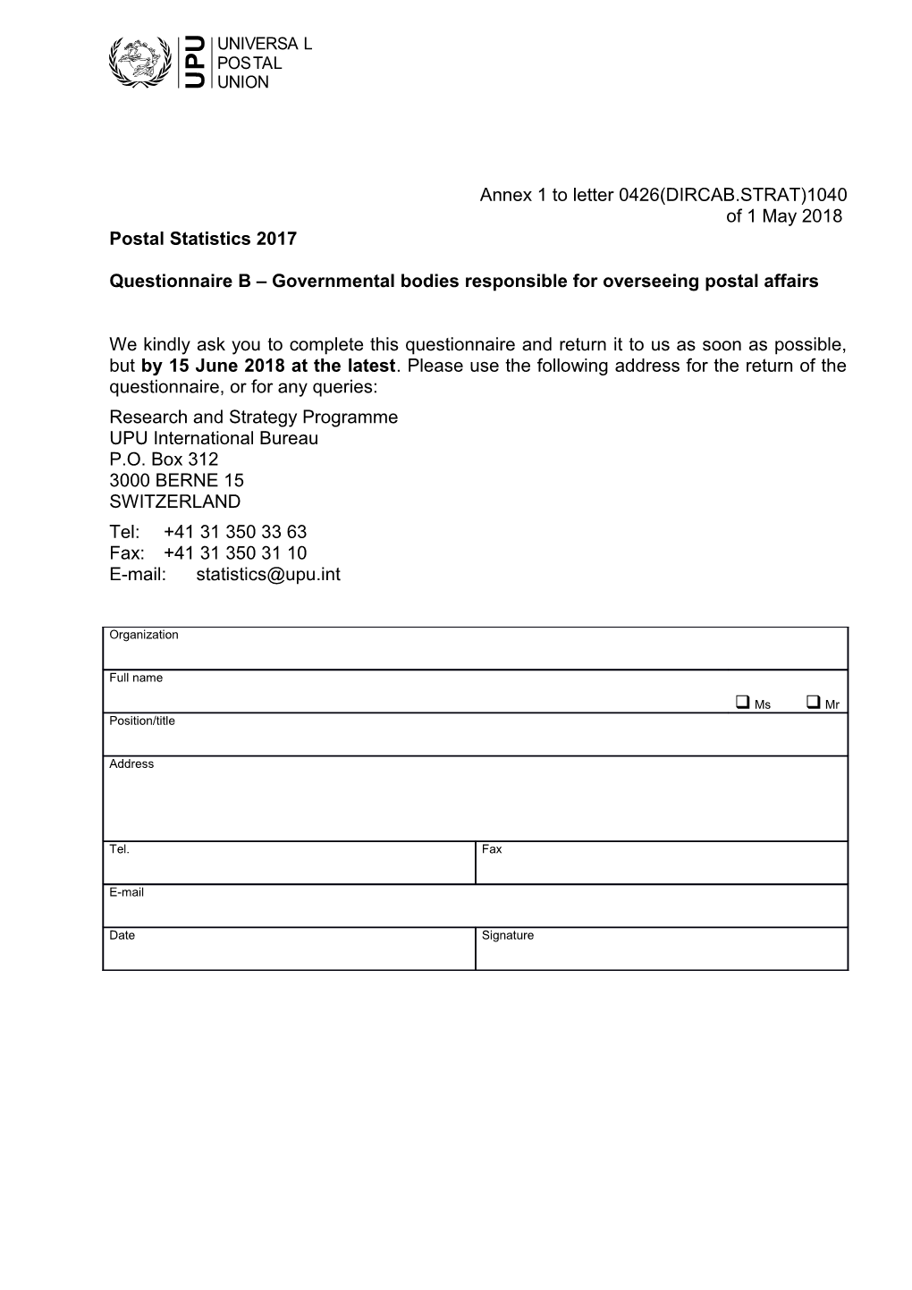 Questionnaire B Governmental Bodies Responsible for Overseeing Postal Affairs