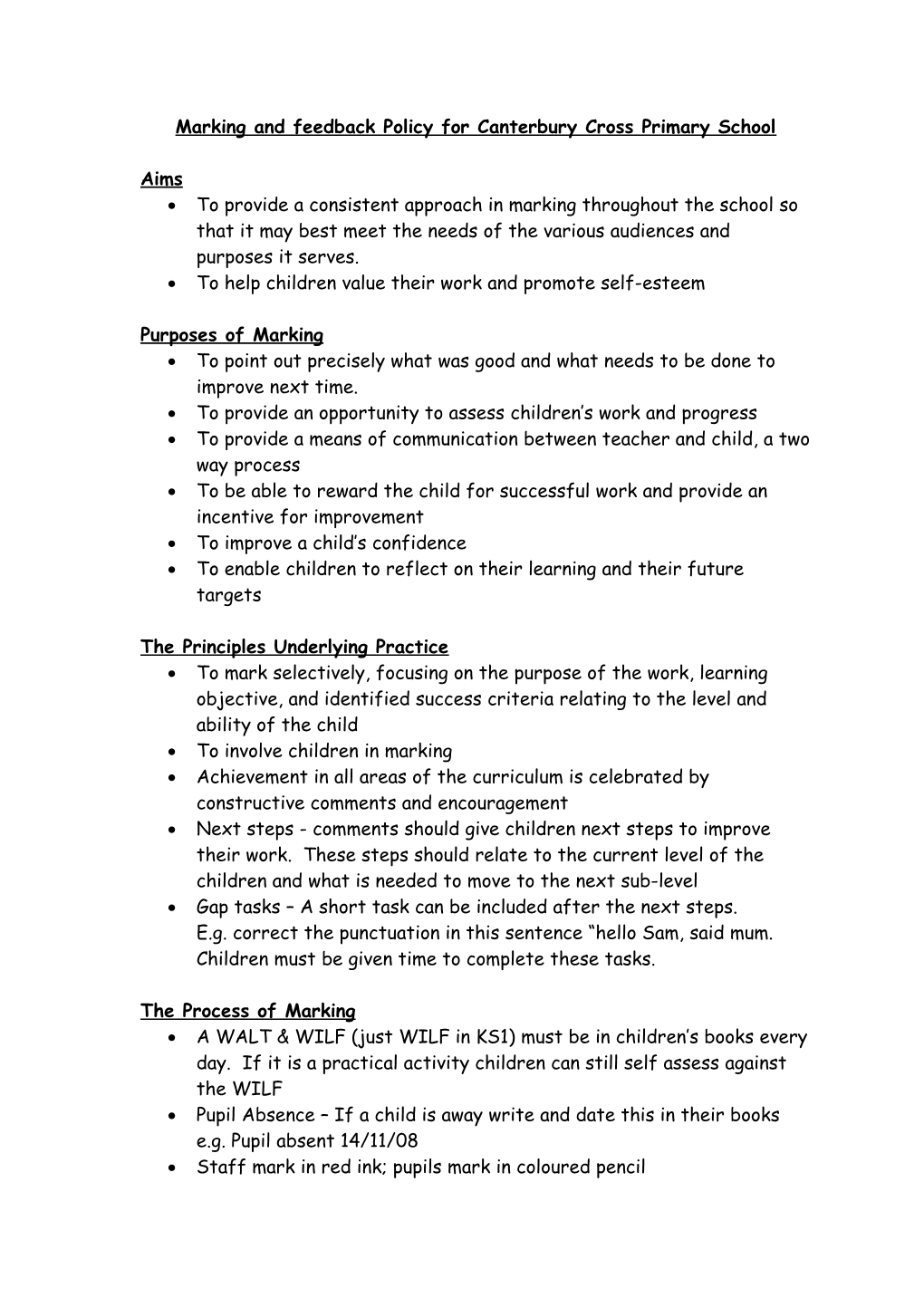 Marking Policy for Canterbury Cross Primary School