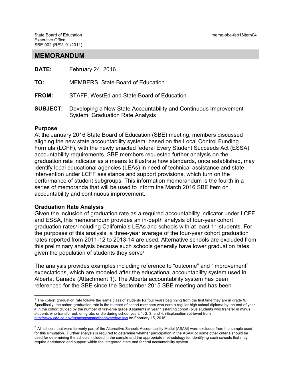 February 2016 Memo SBE Item 04 - Information Memorandum (CA State Board of Education)