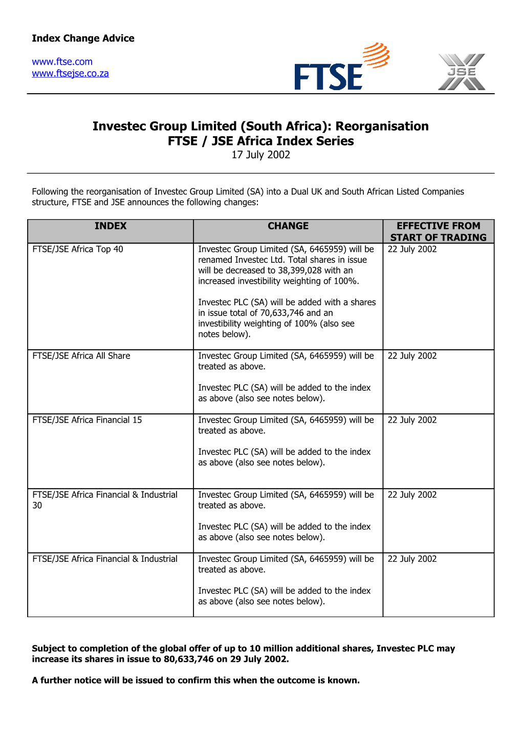 20020722-Investec Group Reorganisation