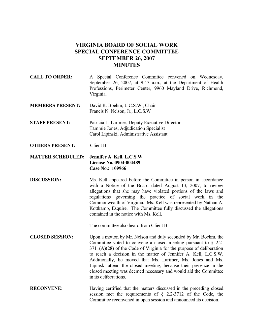 Social Work - Special Conference Committee Minutes - September 26, 2007