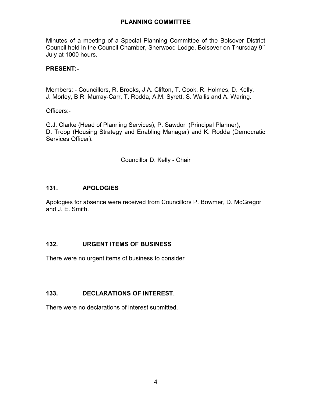 Minutes of a Meeting of a Special Planning Committee of the Bolsover District Council Held