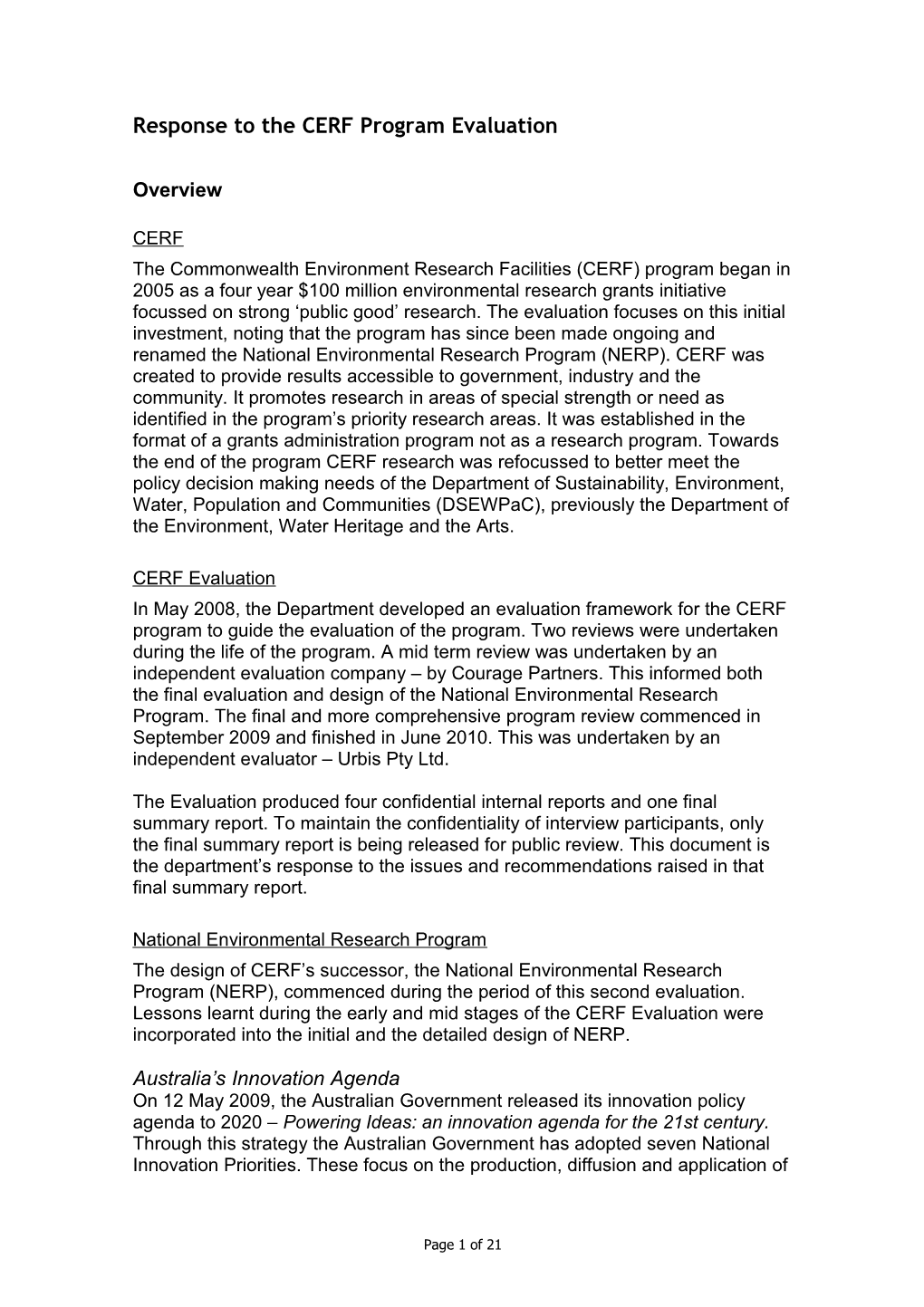 Response to the CERF Program Evaluation