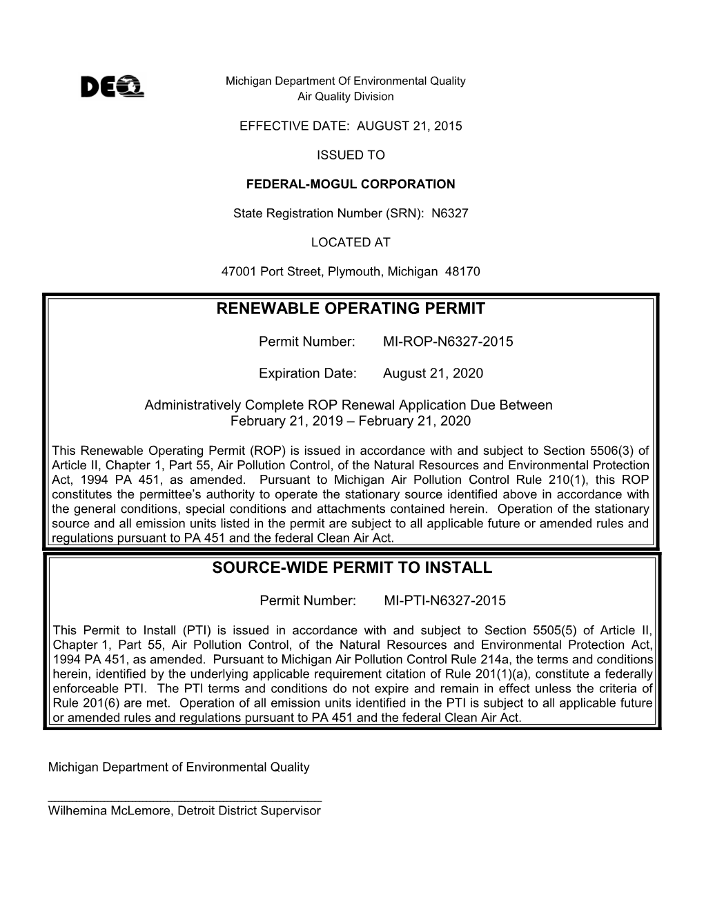 Federal-Mogul Corporationrop No.: MI-ROP-N6327-2015