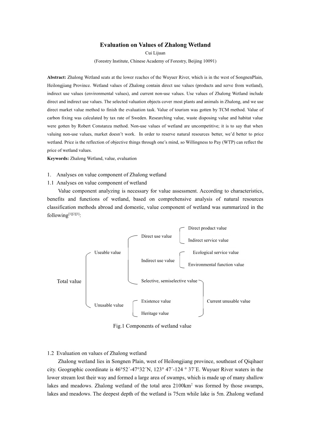 Evaluation on Values of Zhalong Wetland