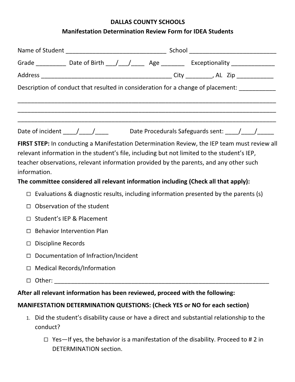 Manifestation Determination Review Form for IDEA Students