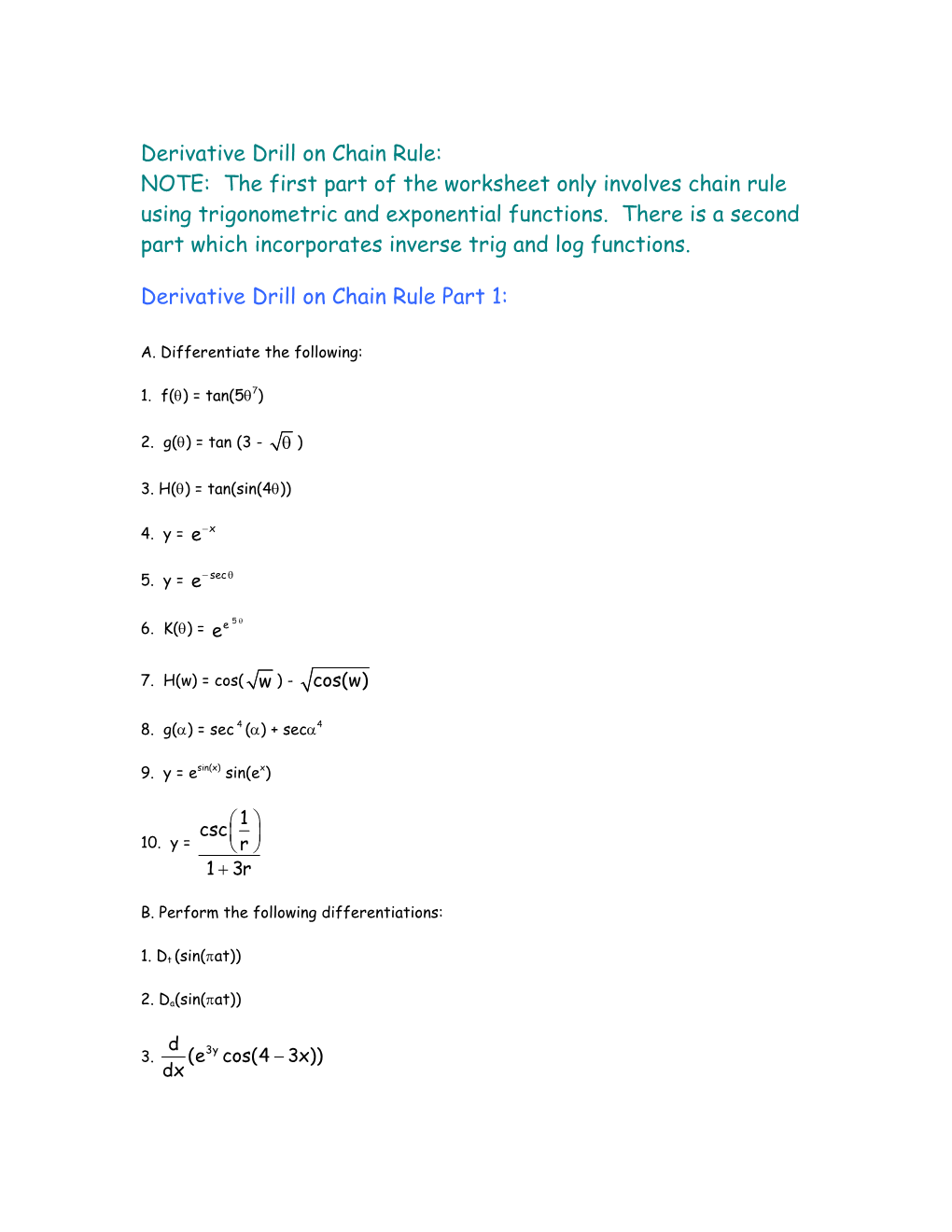 Derivative Drill on Chain Rule