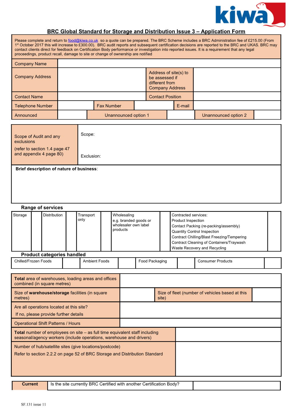 Brcglobal Standard for Storage and Distribution Issue 3 Application Form