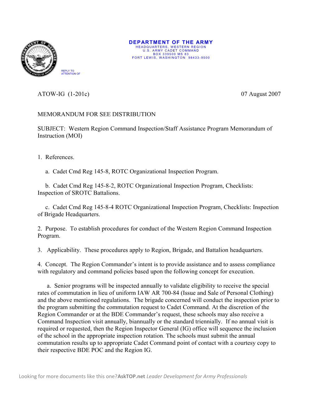 SUBJECT: Western Region Command Inspection/Staff Assistance Program Memorandum of Instruction