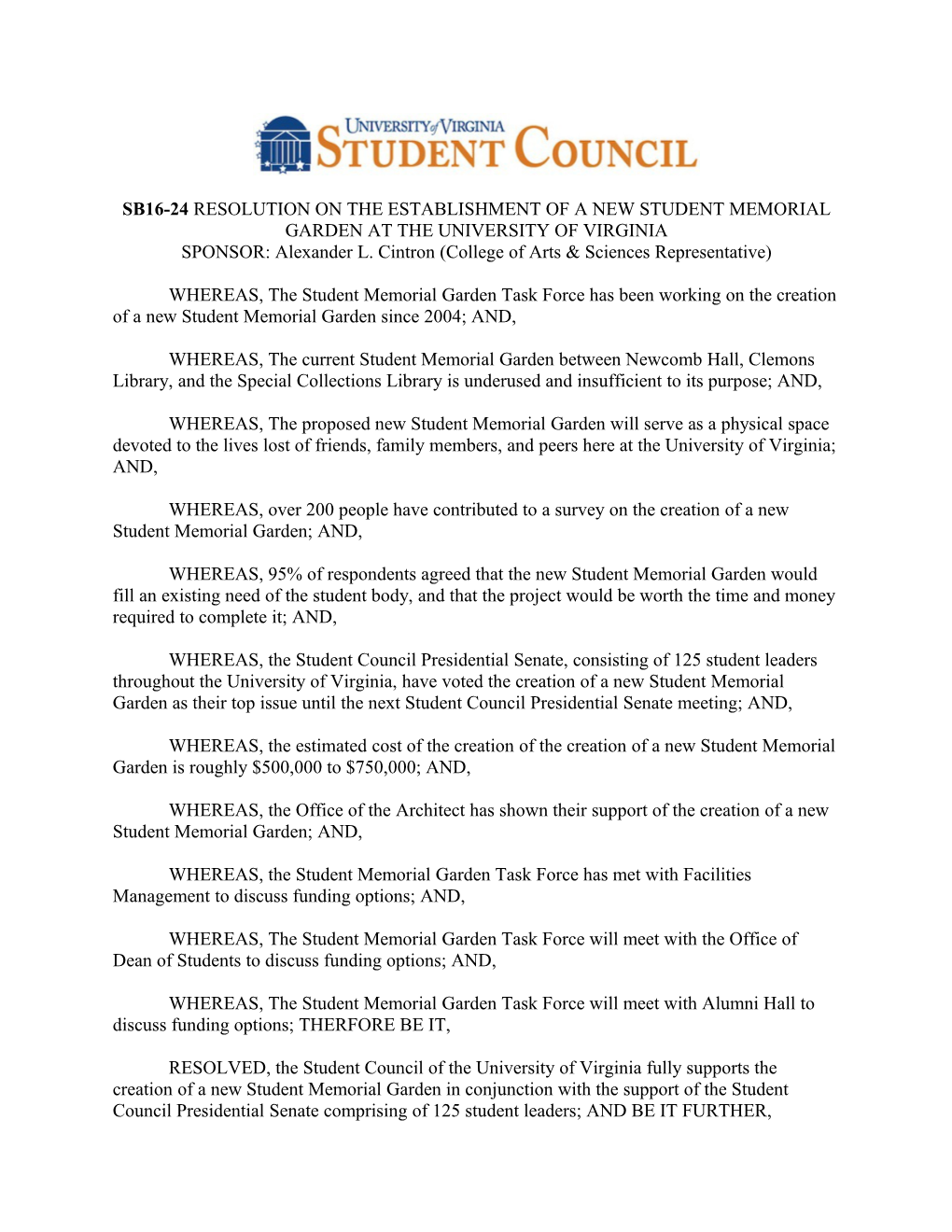 SB16-24Resolution on the Establishment of a New Student Memorial Garden at the UNIVERSITY