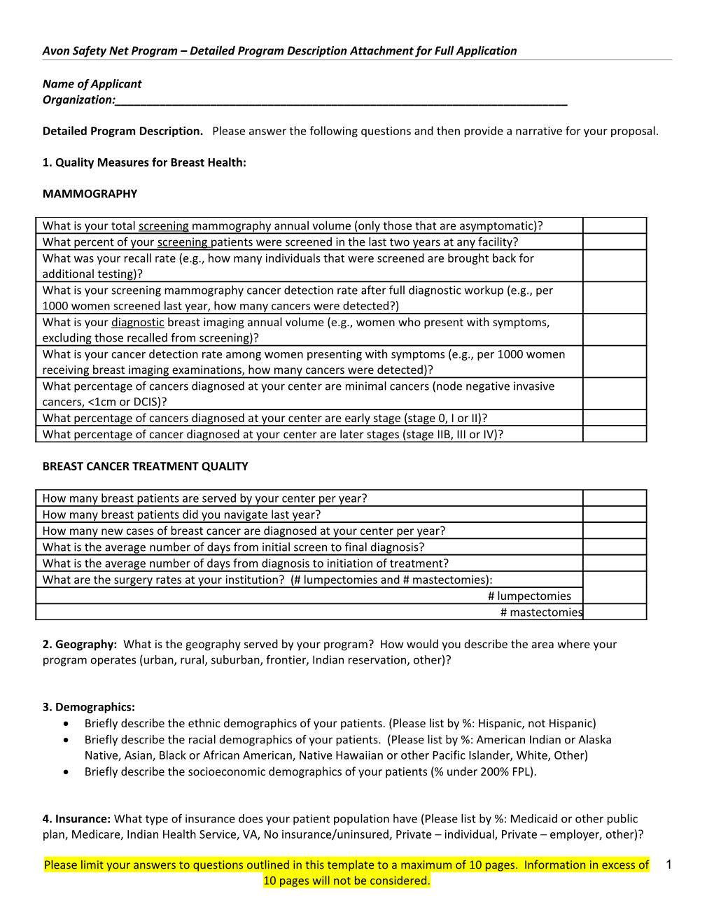 Avon Safety Net Program Detailed Program Description Attachment for Full Application