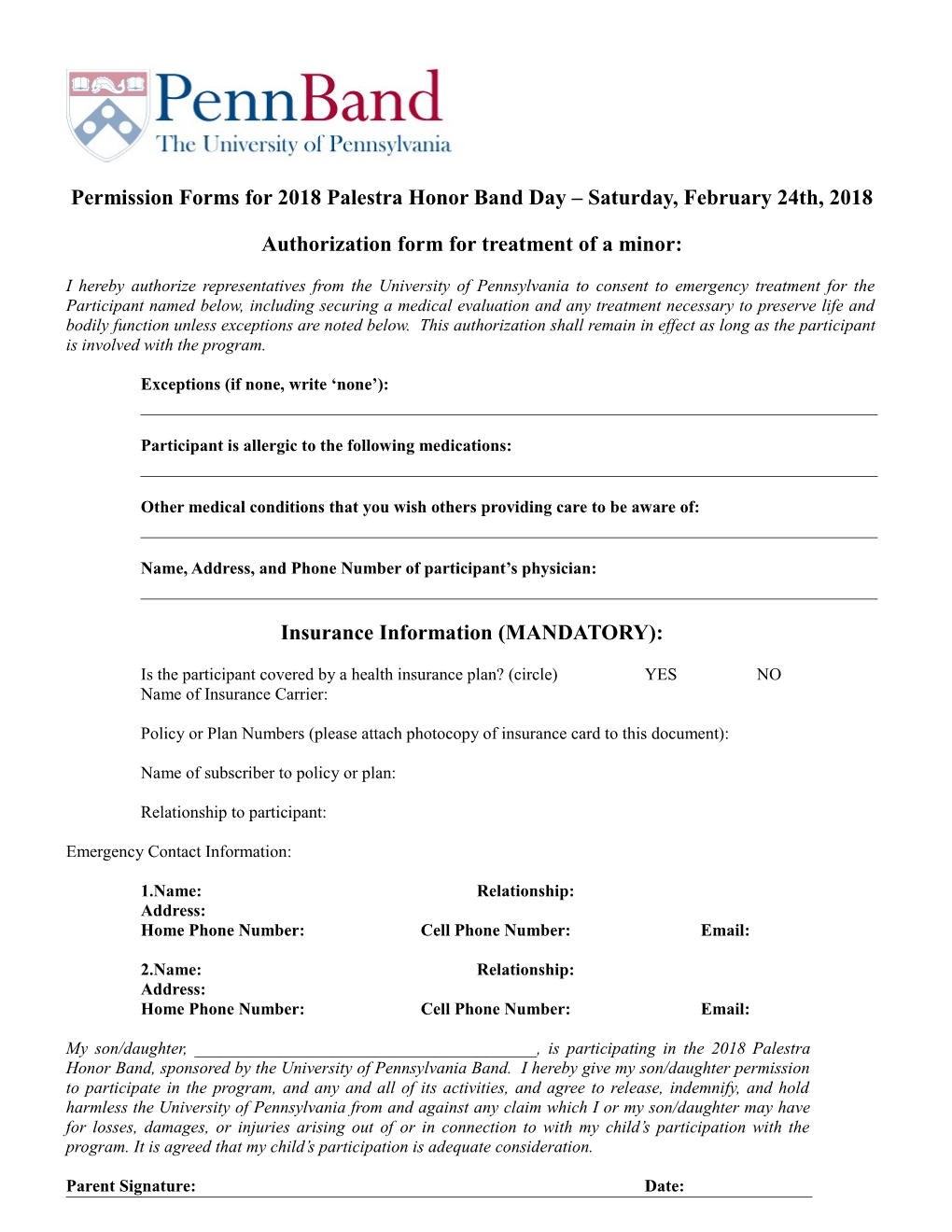 Authorization Form for Treatment of a Minor