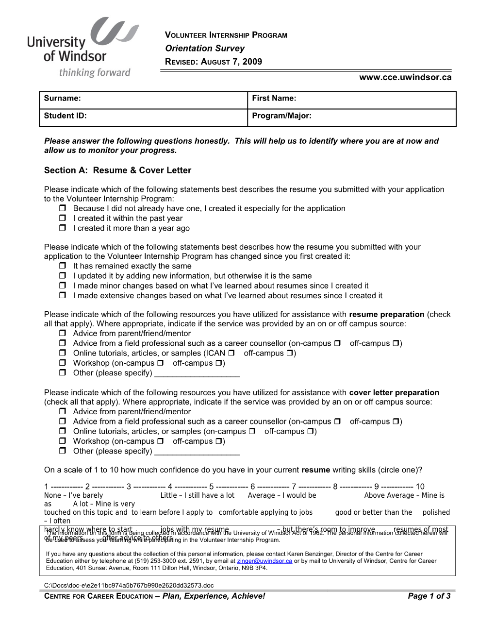 This Form Is Due to Be Completed and Submitted to the VIP Mailbox in Dillon Hall #111 No